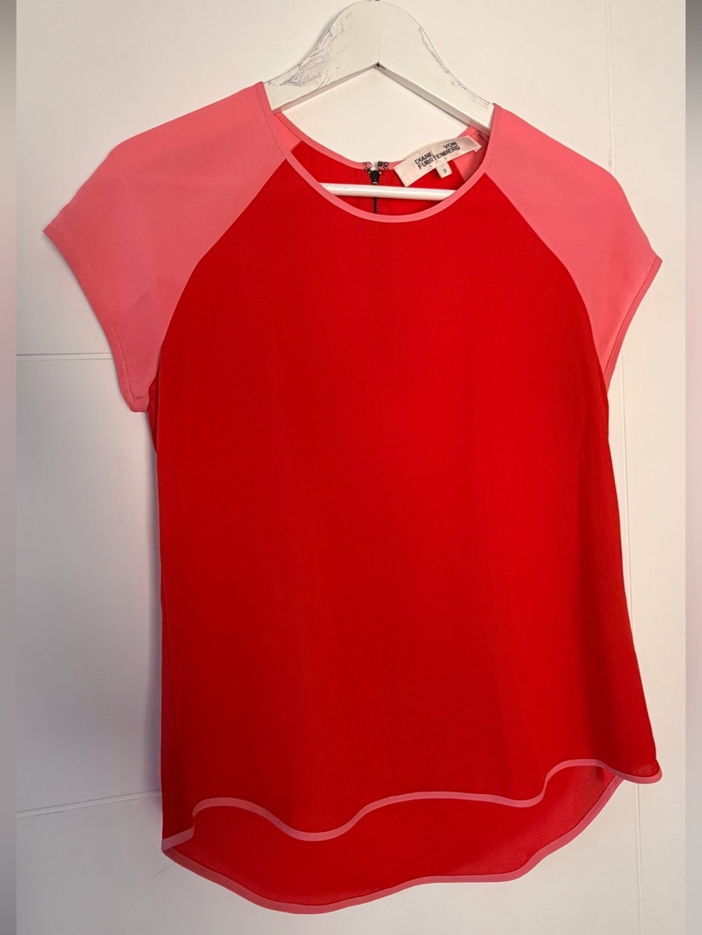 Diane Von Furstenberg Red Blouse with Pink Cap Sleeves